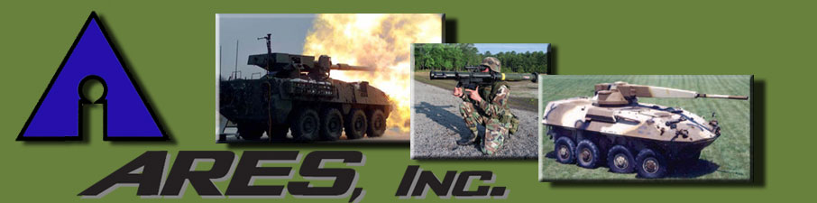 ARES, Inc. logo and the MGS, SMAW and the75mm XM274 on a LAV